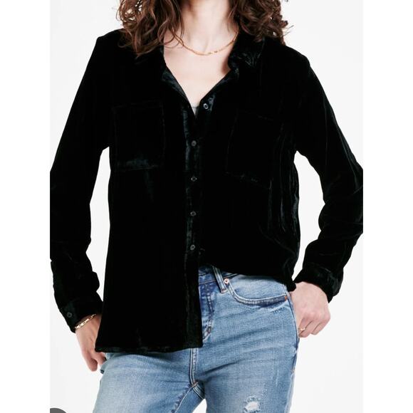 Dear John Denim Black Velvety Luxe Button Down Long Sleeve Blouse Size XL - Picture 1 of 7